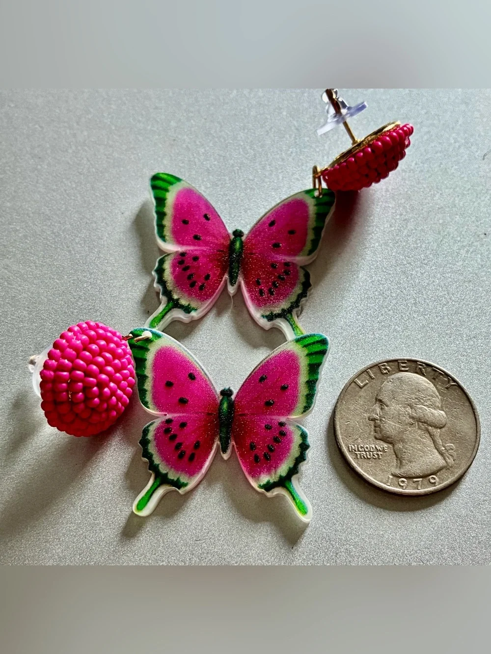 🦋 Pink Watermelon Butterfly Dangle Earrings